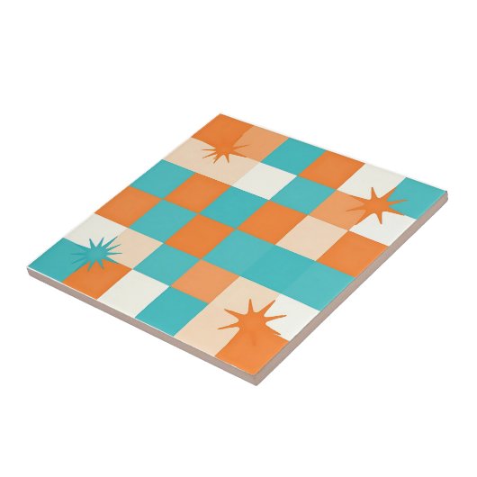 Retro Teal Orange Starburst Checkerboard タイル (側面)
