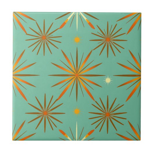 Retro Teal Orange Starburst Pattern タイル (正面)