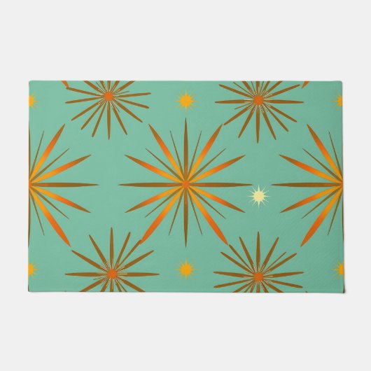 Retro Teal Orange Starburst Pattern ドアマット (正面)