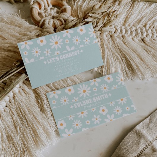 Retro Teal Pastel Groovy Floral Boho Unique 70s  名刺