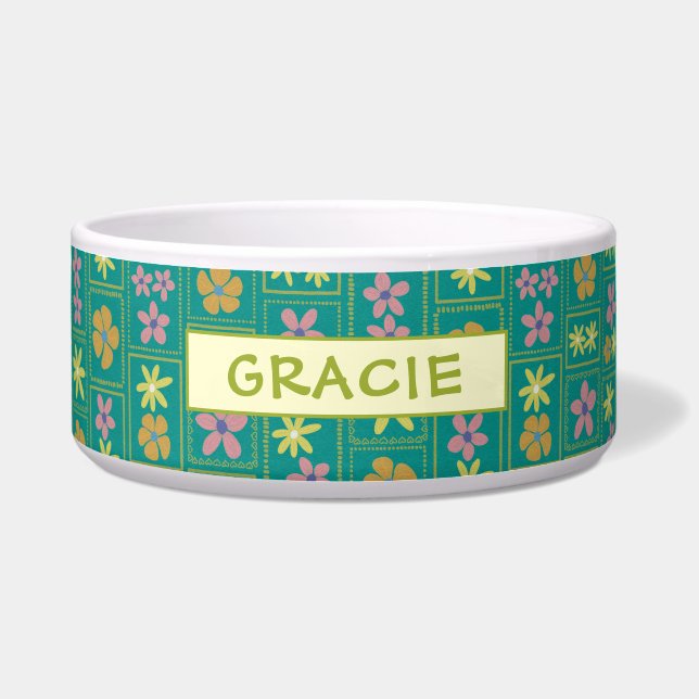 Retro Teal Patchwork Floral Custom Large Dog ボウル (正面)
