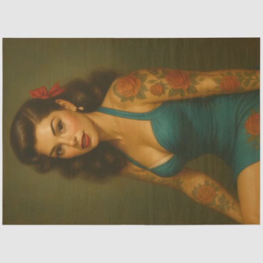 Retro Teal Pin-Up Tattoo Decoupage 薄葉紙 (正面)