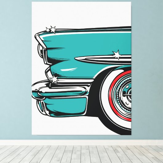 Retro Teal Sports Car Front Pop Art Illustration キャンバスプリント (インサイチュ (ウッドフロア))