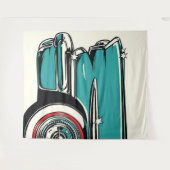 Retro Teal Sports Car Front Pop Art Illustration タペストリー (正面(横))