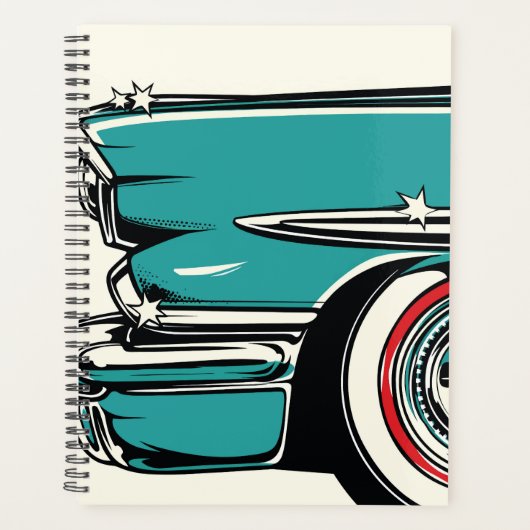 Retro Teal Sports Car Front Pop Art Illustration プランナー手帳 (正面)