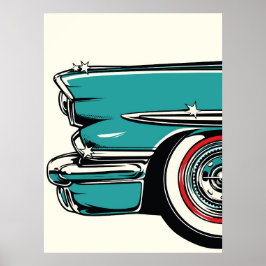 Retro Teal Sports Car Front Pop Art Illustration ポスター