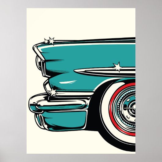 Retro Teal Sports Car Front Pop Art Illustration ポスター (正面)