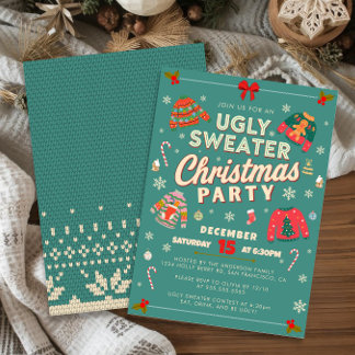 Retro Teal Ugly Sweater Christmas Party Invitation シーズンカード