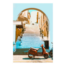 Retro Teal Warm Mediterranean Scooter Landscape