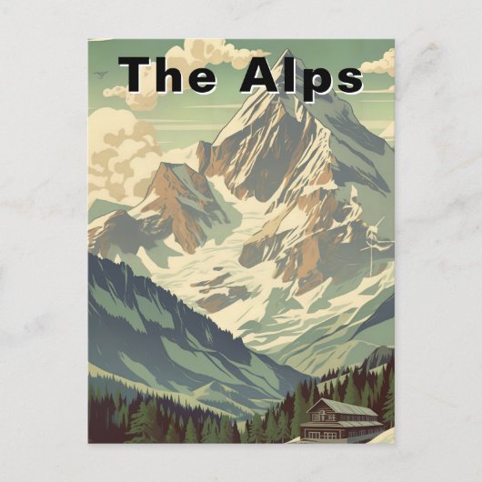 Retro The Alps Travel Skiing Mountain Lodge ポストカード (正面)