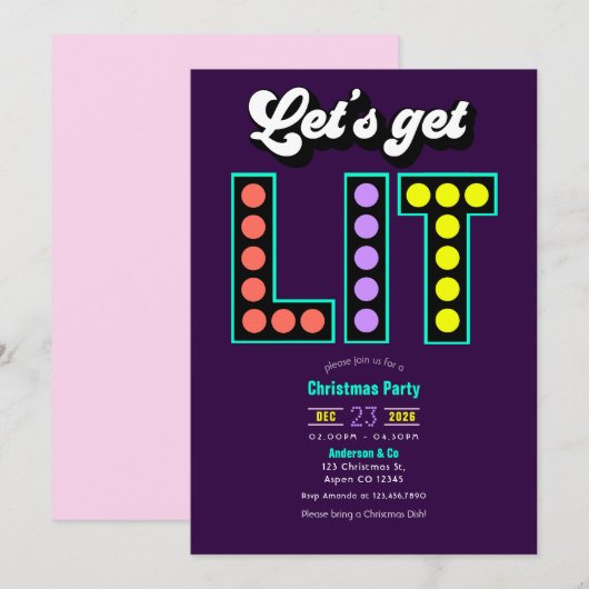 Retro Tinsel Let's Get Lit Retro Christmas Party 招待状 (正面/裏面)