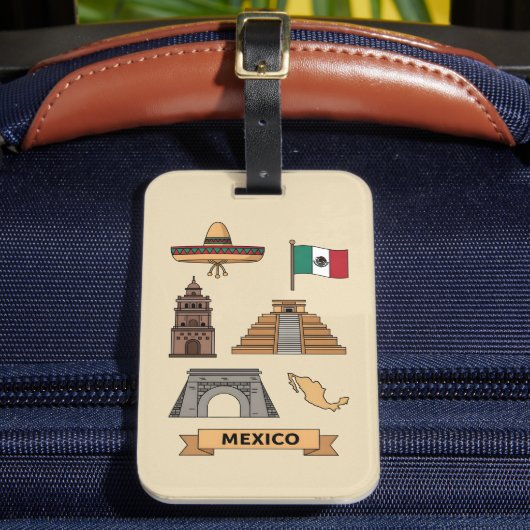 Retro Travel Mexico Iconic National Symbols  ラゲッジタグ (正面インサイチュ2)