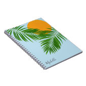 Retro Tropical Sun Palm Leaves Blue Minimal Name ノートブック (右側)