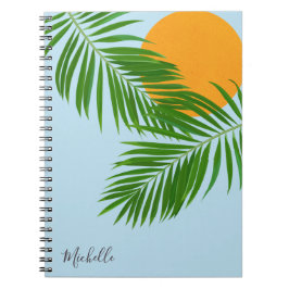 Retro Tropical Sun Palm Leaves Blue Minimal Name ノートブック
