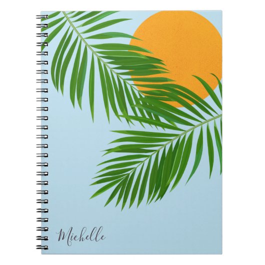 Retro Tropical Sun Palm Leaves Blue Minimal Name ノートブック (正面)