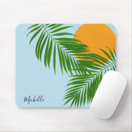 Retro Tropical Sun Palm Leaves Blue Minimal Name マウスパッド