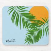 Retro Tropical Sun Palm Leaves Blue Minimal Name マウスパッド (正面)