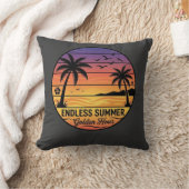 Retro Tropical Sunset Palm Trees Beach Throw Pillo クッション (ブランケット)