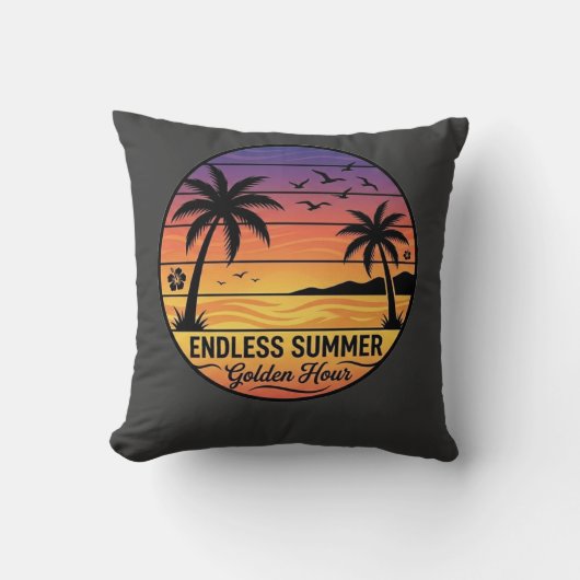 Retro Tropical Sunset Palm Trees Beach Throw Pillo クッション (正面)