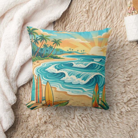 Retro Tropical Surf Beach Waves Throw Pillow クッション (ブランケット)