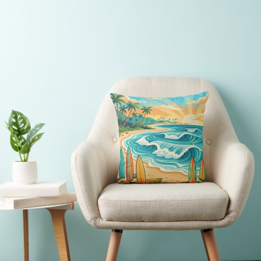 Retro Tropical Surf Beach Waves Throw Pillow クッション (椅子)