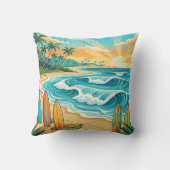 Retro Tropical Surf Beach Waves Throw Pillow クッション (裏面)