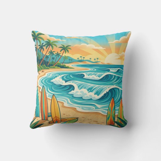 Retro Tropical Surf Beach Waves Throw Pillow クッション (裏面)