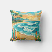 Retro Tropical Surf Beach Waves Throw Pillow クッション (正面)