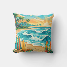 Retro Tropical Surf Beach Waves Throw Pillow クッション