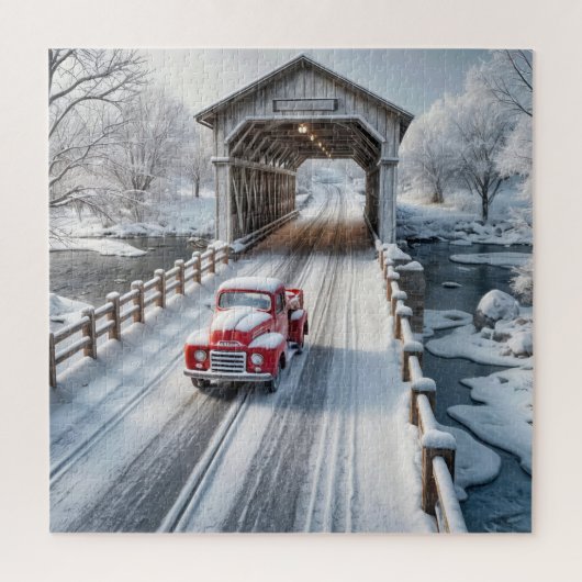 Retro Truck and Winter Covered Bridge ジグソーパズル (縦)