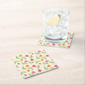 Retro Tulip Flowers pattern in orange pink and red スクエアペーパーコースター (インサイチュ)