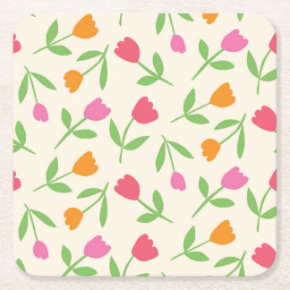 Retro Tulip Flowers pattern in orange pink and red スクエアペーパーコースター
