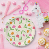 Retro Tulip Flowers pattern in orange pink and red ペーパープレート (パーティー)