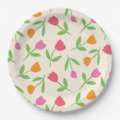 Retro Tulip Flowers pattern in orange pink and red ペーパープレート (正面)