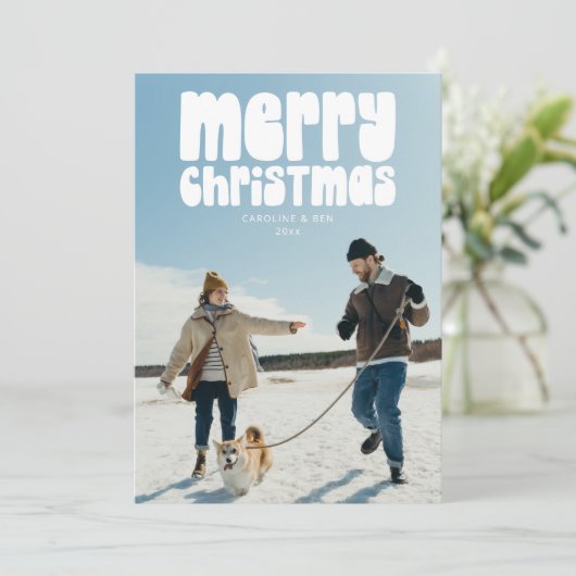 Retro Typography Photo Merry Christmas Letter シーズンカード (スタンド正面)