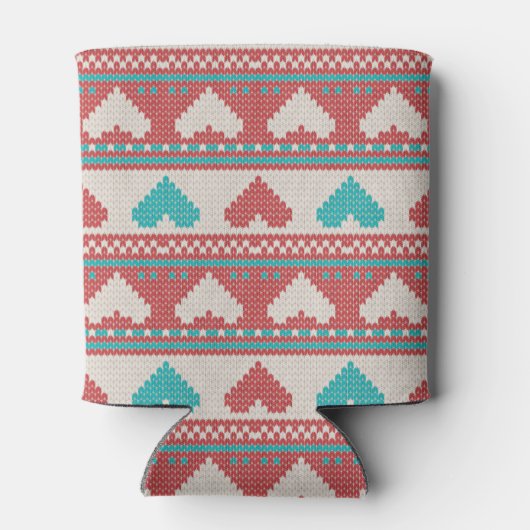 Retro Ugly Christmas Sweater Aqua Blue Red Hearts 缶クーラー (裏面)