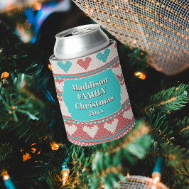 Retro Ugly Christmas Sweater Aqua Blue Red Hearts 缶クーラー