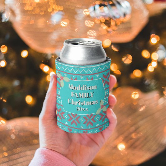 Retro Ugly Christmas Sweater Blue Red Holly 缶クーラー