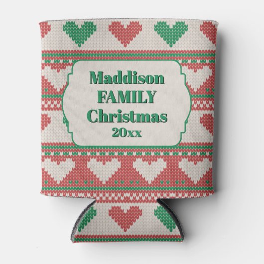 Retro Ugly Christmas Sweater Green Red Hearts 缶クーラー (正面)