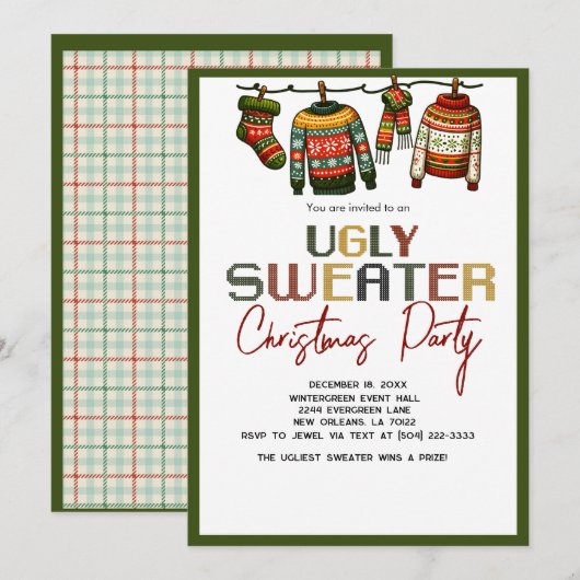 Retro Ugly Christmas Sweater Holiday Party  招待状 (正面/裏面)