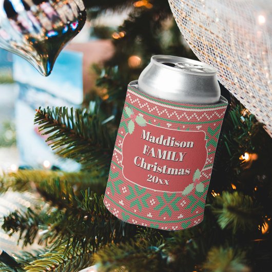 Retro Ugly Christmas Sweater Red Green Holly 缶クーラー