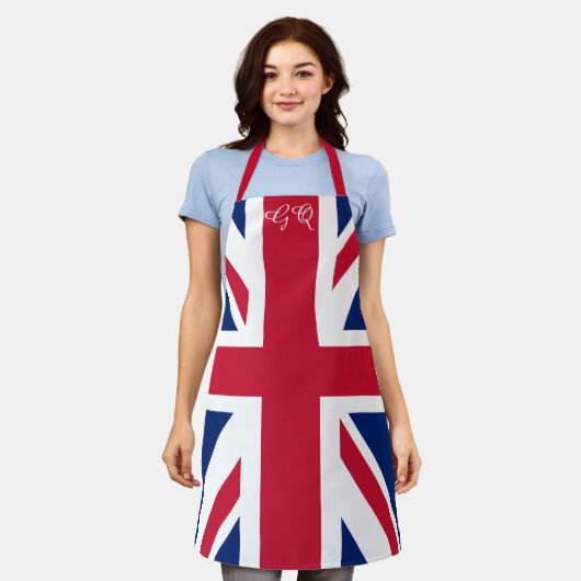 Retro Union Jack Apron - Monogrammed British Flag エプロン (着用した状態)