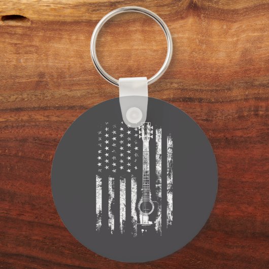 Retro Us Flag Acoustic Guitar Distressed Patriotic キーホルダー (正面)