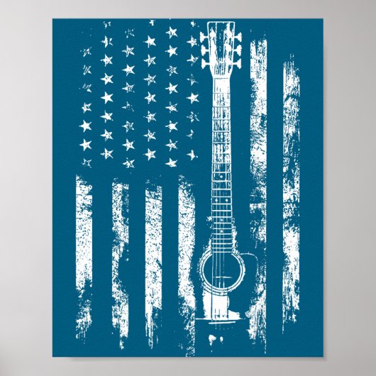 Retro Us Flag Acoustic Guitar Distressed Patriotic ポスター (正面)