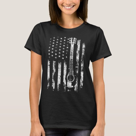 Retro Us Flag Acoustic Guitar Distressed Patriotic Tシャツ (正面)