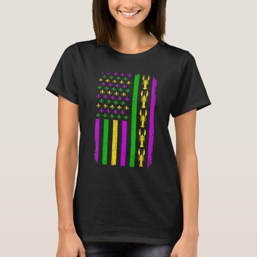 Retro US Flag Mardi Gras Carnival American Flag Fe Tシャツ (正面)
