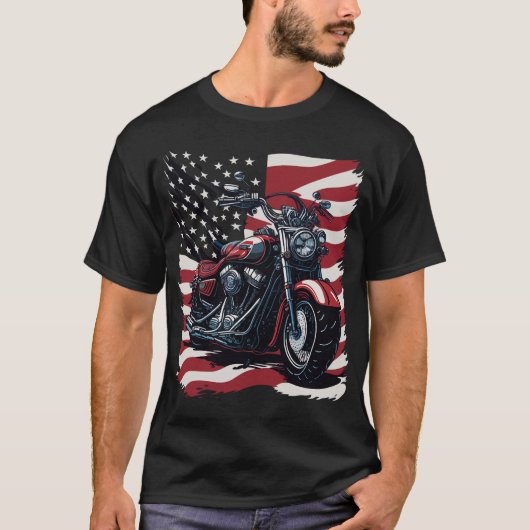 Retro USA American Flag Motorcycle Veteran Biker Tシャツ (正面)