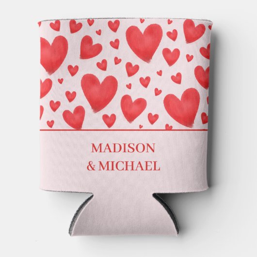 Retro Valentine Hearts Wedding Red Pink 缶クーラー (正面)