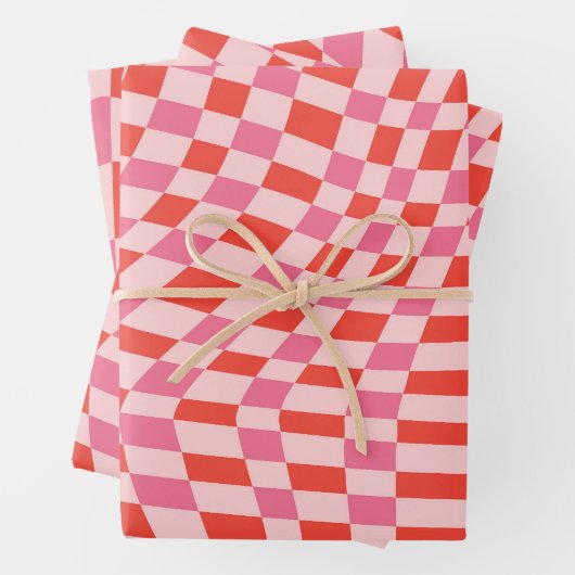 Retro Valentine Pink Red Wavy Checkerboard Cute ラッピングペーパーシート (インサイチュ)