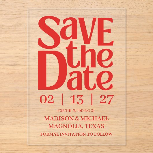 Retro Valentine Wedding Photo Red Pink アクリル招待状 (正面)